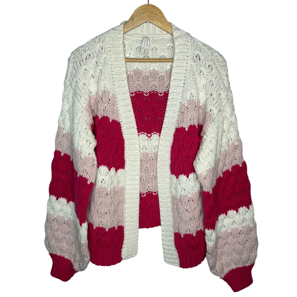 Dreamers by Debut Cardigan Sweater Womens‎ XL Pink White Striped Pointelle Knit